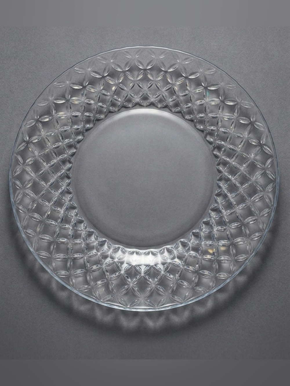 Vintage Italian Clear Pressed Glass Flat Platter Textured Geometric Petal Rim 13